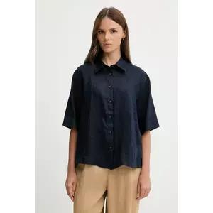 Sisley cămașă de in culoarea bleumarin, cu guler clasic, relaxed, 5BMLLQ08U imagine