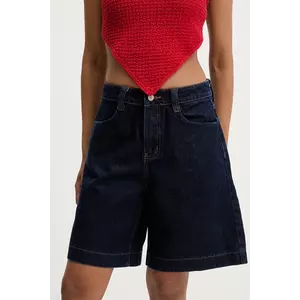 Answear Lab pantaloni scurti jeans culoarea albastru marin, neted, high waist imagine