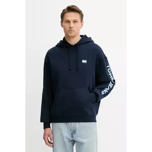 Tommy Jeans hanorac de bumbac culoarea bleumarin, cu glugă, cu imprimeu, DM0DM21834 imagine