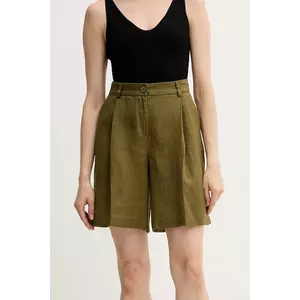 Sisley pantaloni scurți din in culoarea verde, uni, high waist, 4AGHL901K imagine