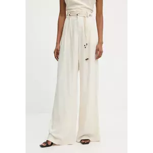 Answear Lab pantaloni din in culoarea bej, lat, high waist imagine