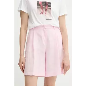 Sisley pantaloni scurți din in culoarea roz, uni, high waist, 4AGHL901K imagine