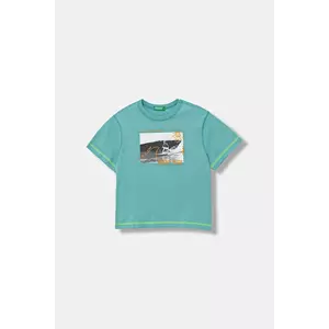 United Colors of Benetton tricou de bumbac pentru copii culoarea turcoaz, cu imprimeu, 3I1XG10JG imagine