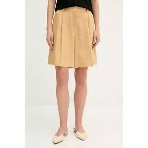 Sisley pantaloni scurți din in culoarea verde, uni, high waist, 4AGHL901K imagine
