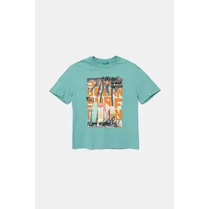 United Colors of Benetton tricou de bumbac pentru copii culoarea turcoaz, cu imprimeu, 3SLUC10P8 imagine