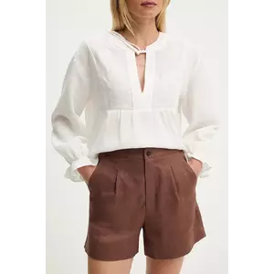 Answear.LAB pantaloni scurti din in culoarea maro, neted, high waist imagine