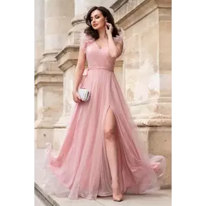 Rochie de seara lunga rose Nemesis cu glitter si flori 3D pe umeri imagine