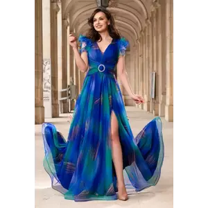 Rochie de seara lunga Tereza cu imprimeu in culorile paunului imagine
