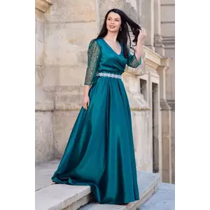 Rochie de seara verde Giorgia lunga din tafta cu maneci paietate imagine