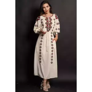 Rochie traditionala crem Coralia cu broderie cu simbolul rombului imagine