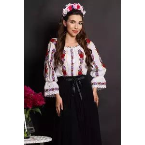 Ie dama traditionala Felicidad din bumbac cu trandafiri rosii si lila imagine