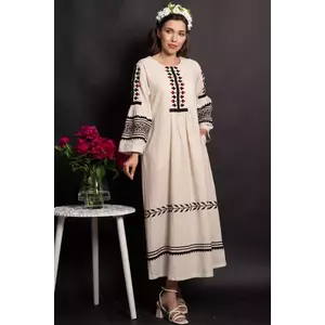 Rochie midi din in Amora cu maneci clopot si broderie imagine