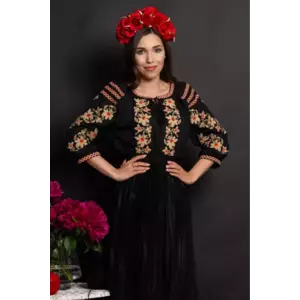 Ie dama traditionala neagra Roana din bumbac cu narcise brodate imagine