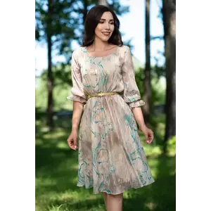 Rochie de zi in clos Inga bej cu insertii aurii si imprimeu turquoise imagine