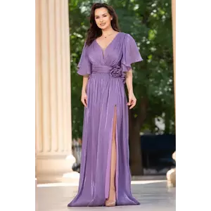 Rochie de seara eleganta Fausta lila cu maneci fluture si floare 3D imagine