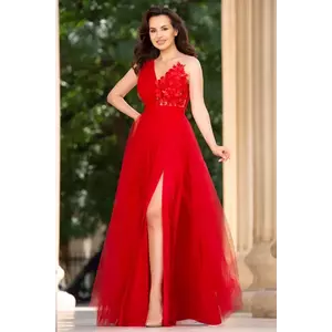 Rochie de seara rosie din tulle Minerva cu flori 3D imagine