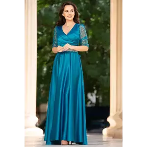Rochie de seara aqua Giorgia lunga din tafta cu maneci paietate imagine