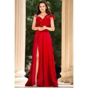 Rochie eleganta de seara Ofelia rosie lunga cu flori 3D imagine