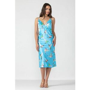 Rochie-Furou din satin de matase - Model Ivy Birds of Paradise - Culoare Albastru cu Imprimeu Pasari imagine