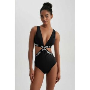Costum de baie intreg cu benzi cu imprimeu text imagine