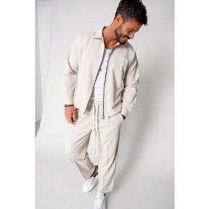 Set Jacheta oversized cu fermoar si Pantalon lung Beige 15989 imagine