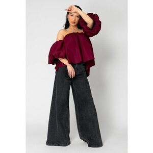 Top cu maneci bufante si umeri goi Burgundy 15528 imagine