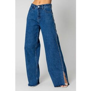 Blugi largi cu strasuri din denim Blue 16342 imagine