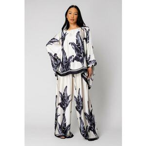 Set Shells Bluza si pantalon lung din mix matase Off White/ Black 15866 imagine