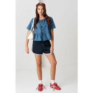 Bluza din denim cu maneci scurte si terminatie cu volan imagine