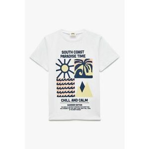 Tricou cu decolteu la baza gatului si imprimeu grafic si text imagine