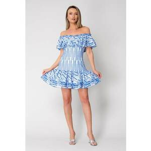 Rochie scurta fara umeri 100% Bumbac Off White/Blue 16489 imagine