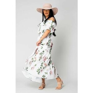 Set Top fara umeri si Fusta lunga Off White/Green 16589 imagine