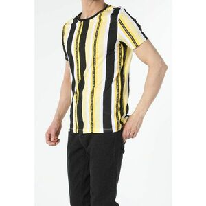 Tricou cu decolteu la baza gatului cu dungi si text imagine
