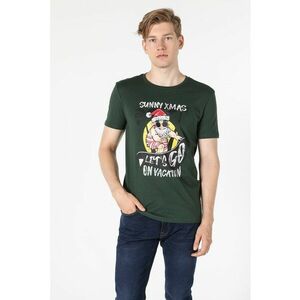 Tricou de bumbac cu imprimeu si decolteu la baza gatului imagine