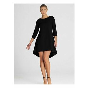 Rochie asimetrica - plisata - maneci 3/4 - spate prelungit - poliester-viscoza negru imagine