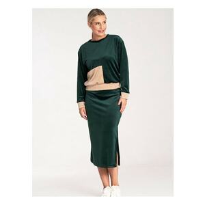 Set de velur bluza bicolora cu maneci lungi si fusta creion - verde - poliester - imagine