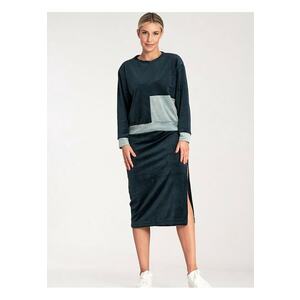 Set bluza bicolor cu maneci lungi - fusta creion cu fanta - bleumarin - velur imagine