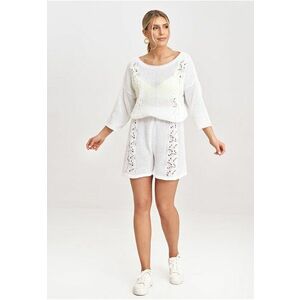 Set tricotat pentru femei - bluza cu maneci 3/4 si pantaloni scurti - ecru - acrilic 50% - bumbac 50% - imagine