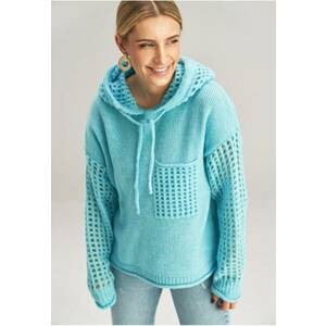 Pulover dama M996 - ajurat - albastru - cu gluga - din acril - poliester - lana - nylon - imagine