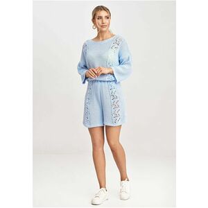 Set tricotat pentru femei - bluza cu maneci 3/4 si pantaloni scurti - albastru - material moale - imagine