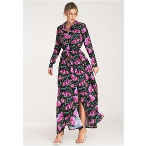 Rochie maxi - negru floral - cu nasturi - poliester imagine