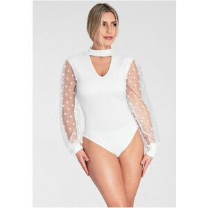 Bluza dama body alb cu maneca lunga - guler inalt - maneci transparente - poliester - imagine