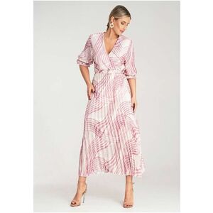 Rochie lunga imprimeu floral - roz - alb - cu volan - poliester - imagine