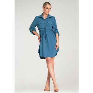 Rochie tip camasa - albastra - poliester - maneci reglabile - imagine