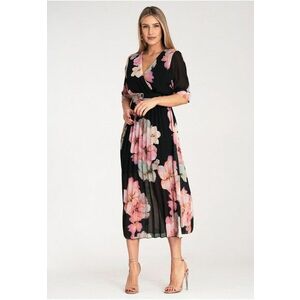 Rochie lunga - florala - neagra - plisata - poliester - imagine