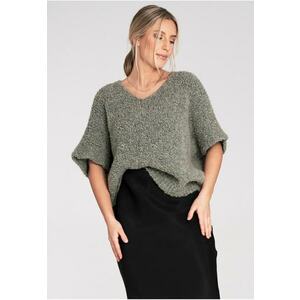Pulover verde din material boucle - cu maneci scurte - croiala lejera - pentru zilele reci - imagine