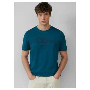 Tricou barbati cu imprimeu cu logo si decolteu la baza gatului - Regular fit imagine