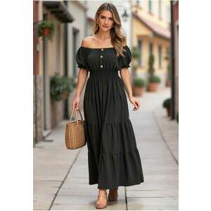 Rochie lunga de vara - cu volane - neagra - poliester - imagine