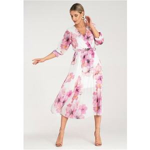 Rochie lunga - florala - alba - plisata - poliester - imagine