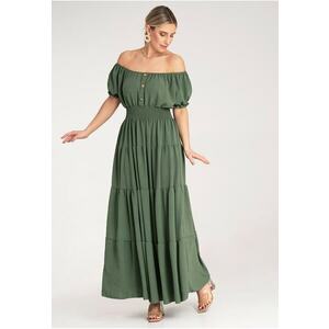 Rochie lunga de vara - verde - cu volane - poliester - imagine